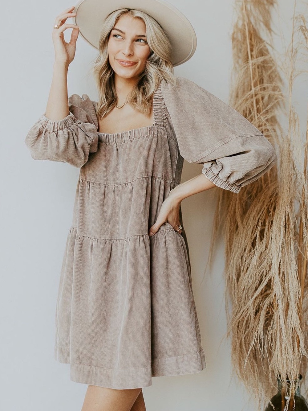 NWT Corduroy Mini dress tiered babydoll long sleeve balloon pockets square neck